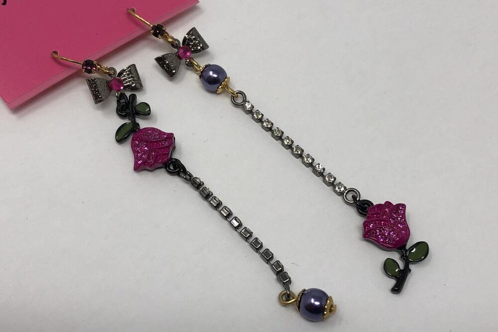BETSEY JOHNSON Roses & Bows Dangle Earrings ~Pink Crystal Pearl ~Mismatched Col.